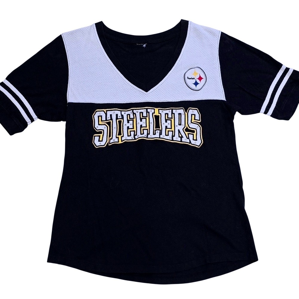 Pittsburgh Steelers Womens Size Large V Neck Rhinestone Logo T Shirt  Top